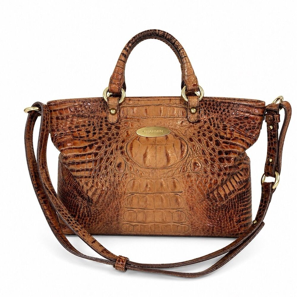 Brahmin Mini Asher Crocodile Embossed Leather Crossbody Satchel Purse Pecan